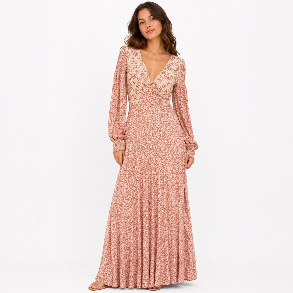 Free People Love Story Maxi Dress Women M Pink Floral Long Sleeve Boho Open Back